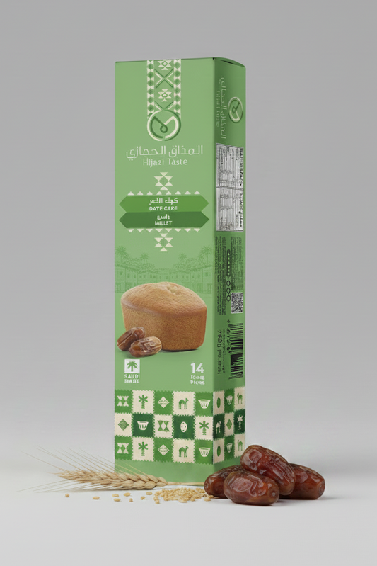 Green packaging of a date cake with Arabic text on a white background